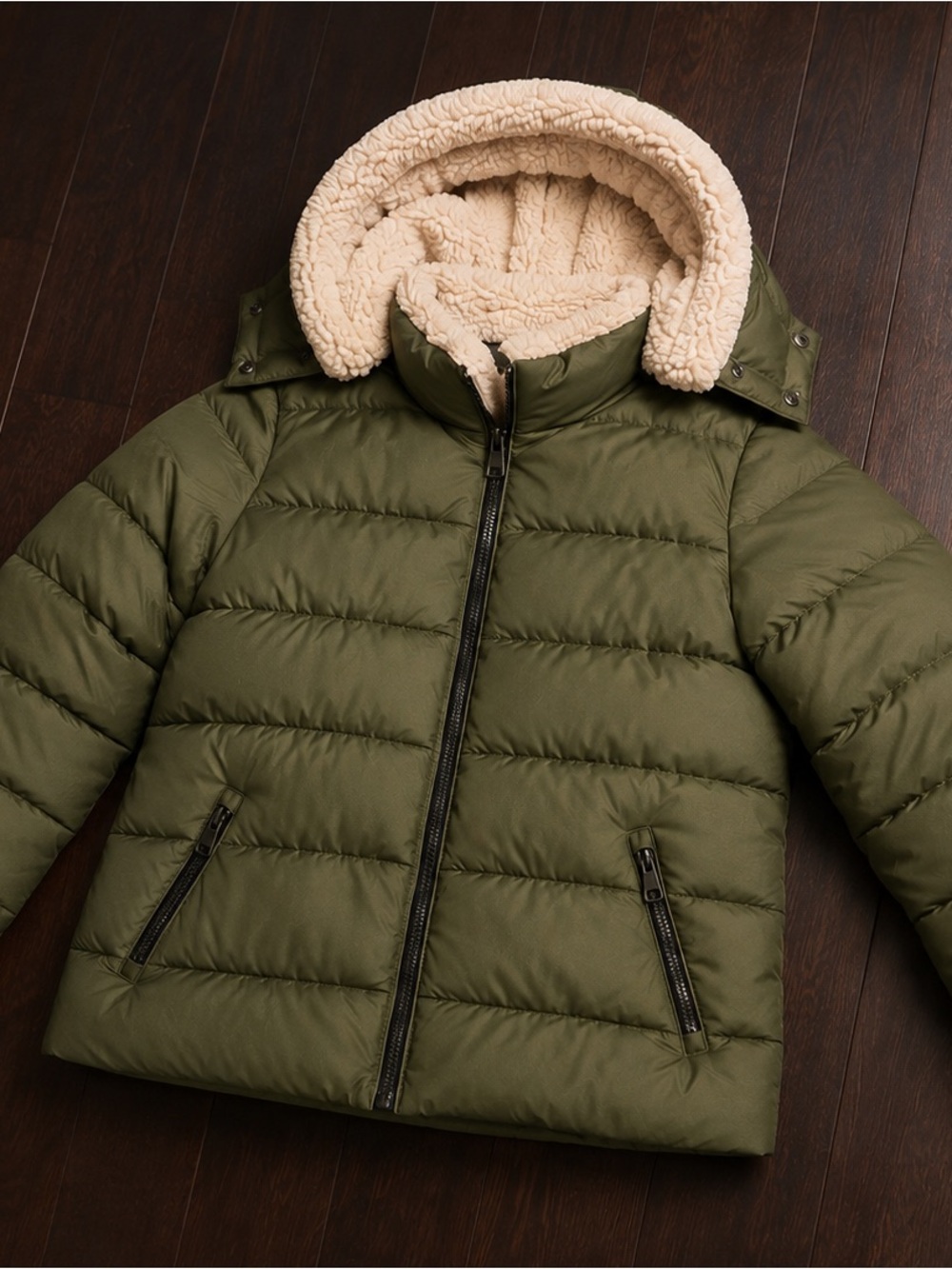 YMI Olive Green Puffer Bomber Jacket with Cream Sherpa Hood